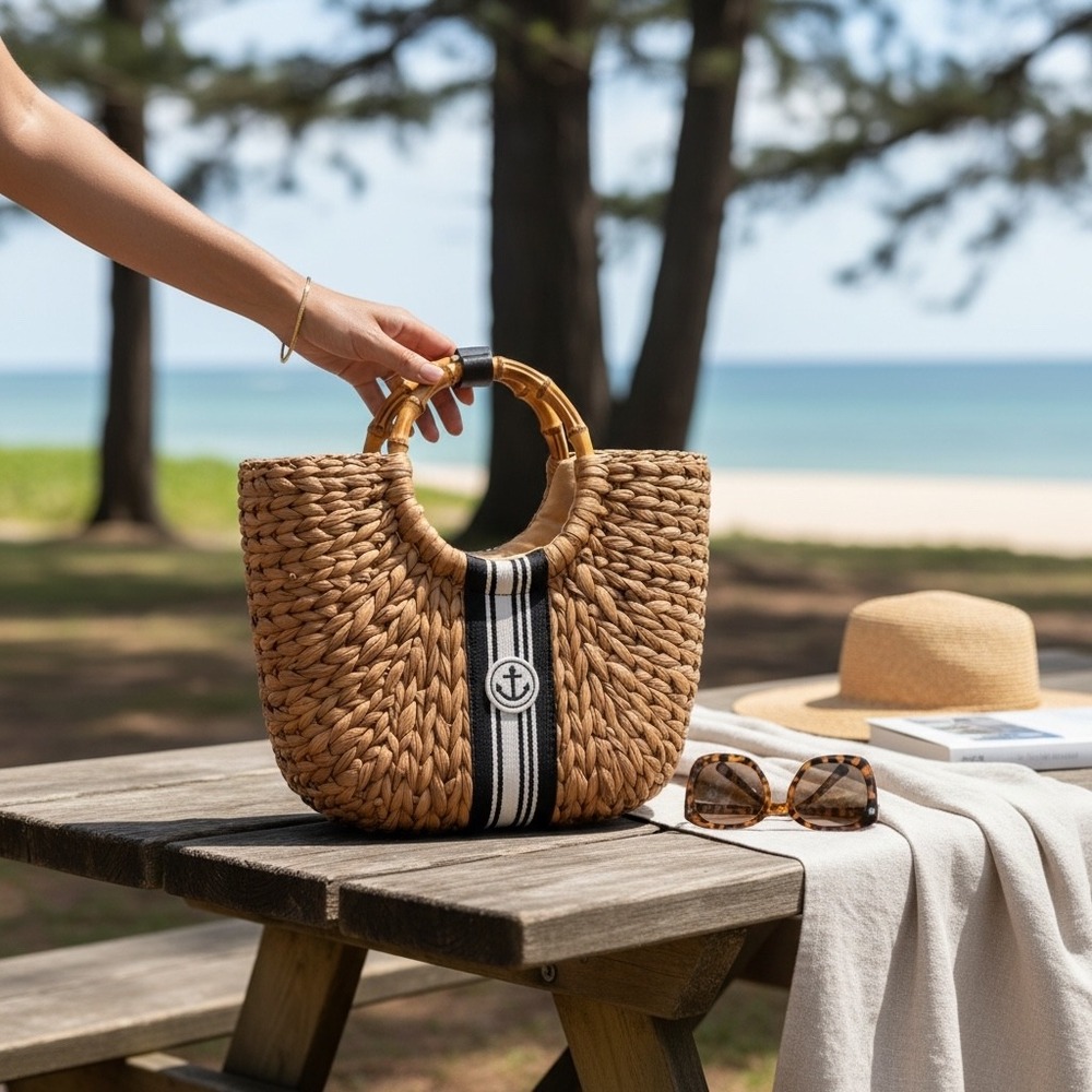 Nautical Woven Straw Tote Bag with Bamboo Handles and Anchor Detail